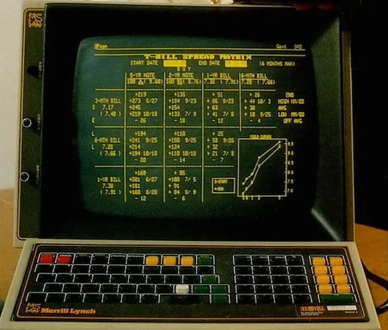 lassic 1990s Bloomberg Terminal trading desk with dual screens and financial data analytics