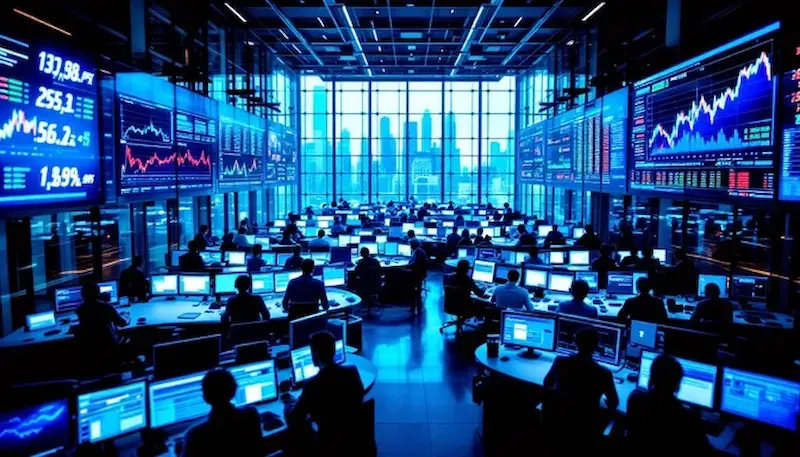 Modern NYSE trading floor with Designated Market Makers monitoring AI algorithms on screens