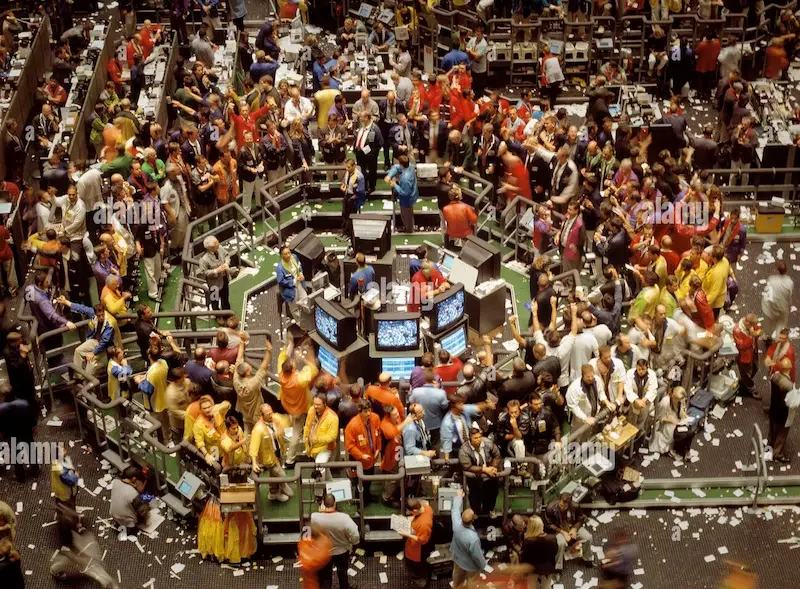 Vintage stock trading floor with traders shouting open outcry system
